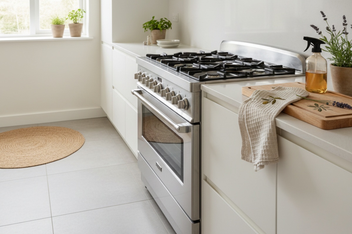 Čišćenje šporeta vrelom vodom i peškirom