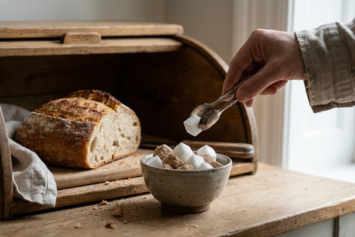 Stavljanje kocke šećera u kutiju za hleb
