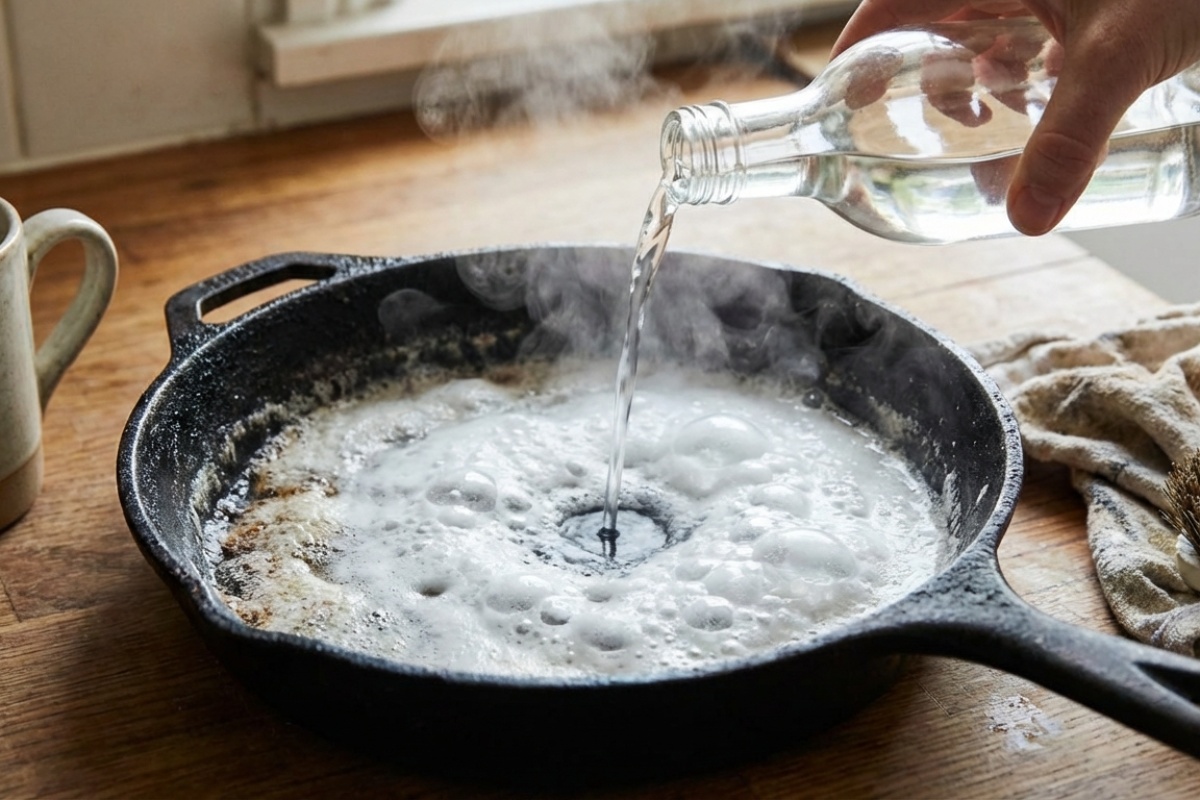 Čišćenje zagorelog tiganja pomoću sode bikarbone i sirćeta