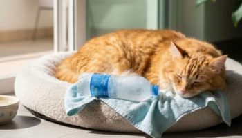 Postavljanje zaleđene flaše blizu mačjeg kreveta: čemu služi i kada to uraditi