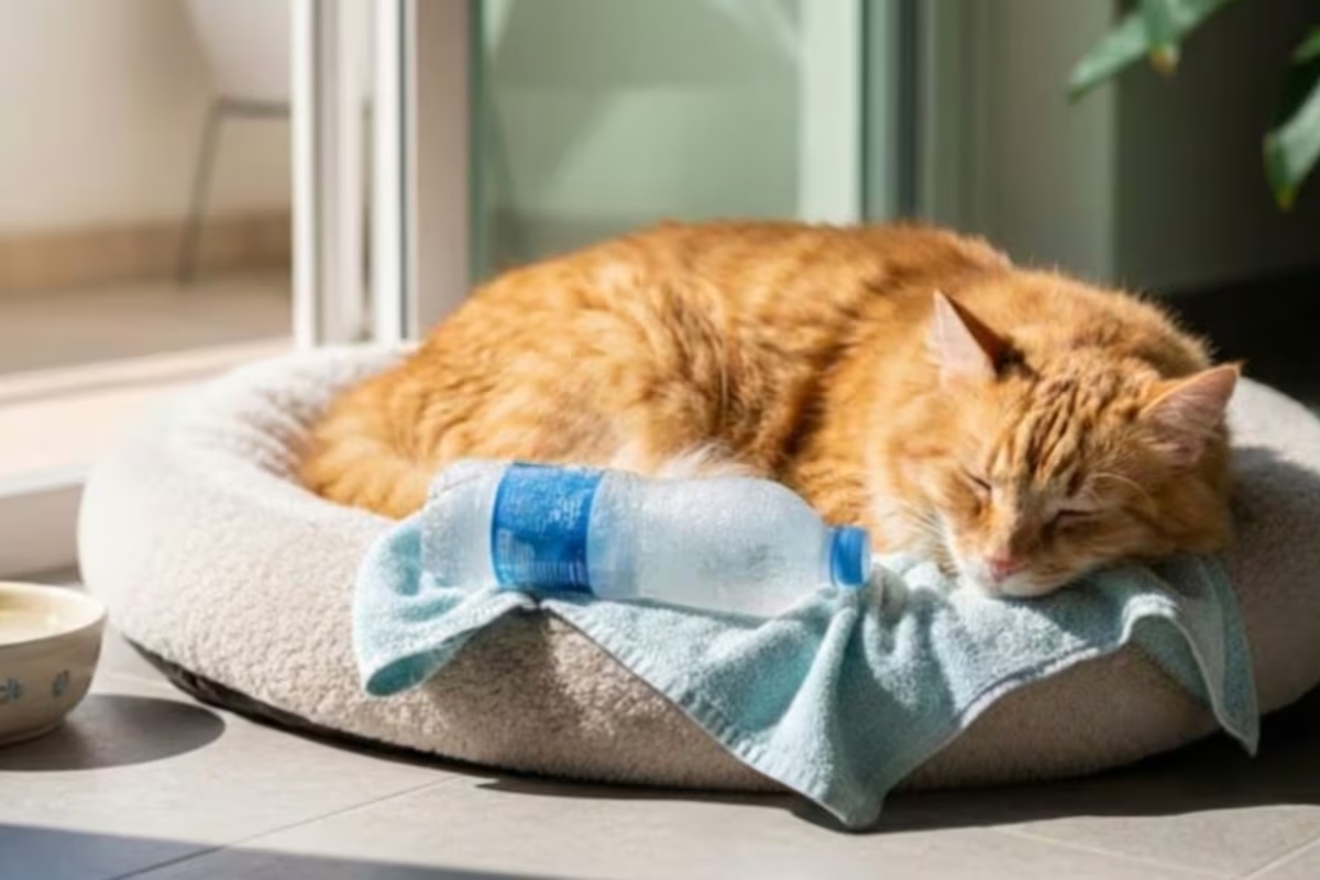 Postavljanje zaleđene flaše blizu mačjeg kreveta: čemu služi i kada to uraditi