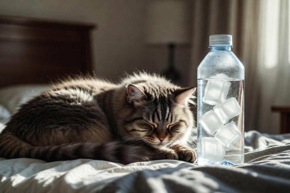 Postavljanje zaleđene flaše blizu mačjeg kreveta: čemu služi i kada to uraditi – image 1