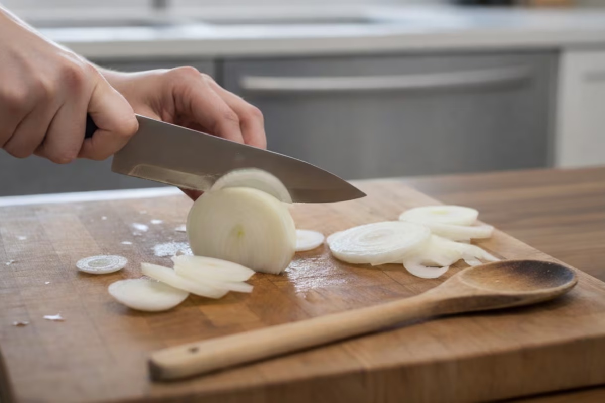Stavljanje drvene kašike na dasku pri sečenju luka: koje su prednosti