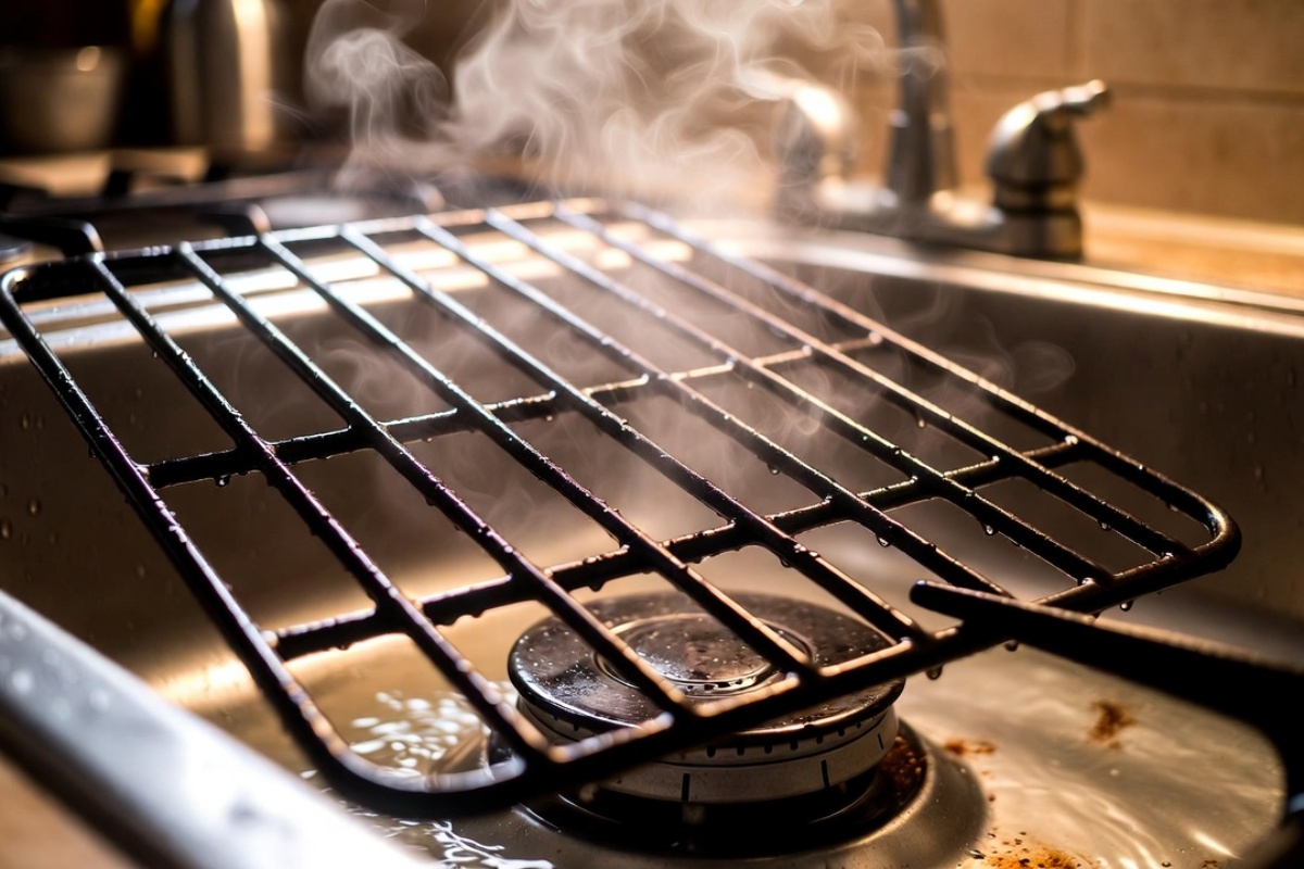 Sipajte 1 šolju u ključalu vodu i potopite prljavu rešetku šporeta. Lepljivi sloj masti će nestati. Čišćenje rešetke plinskog šporeta – image 2