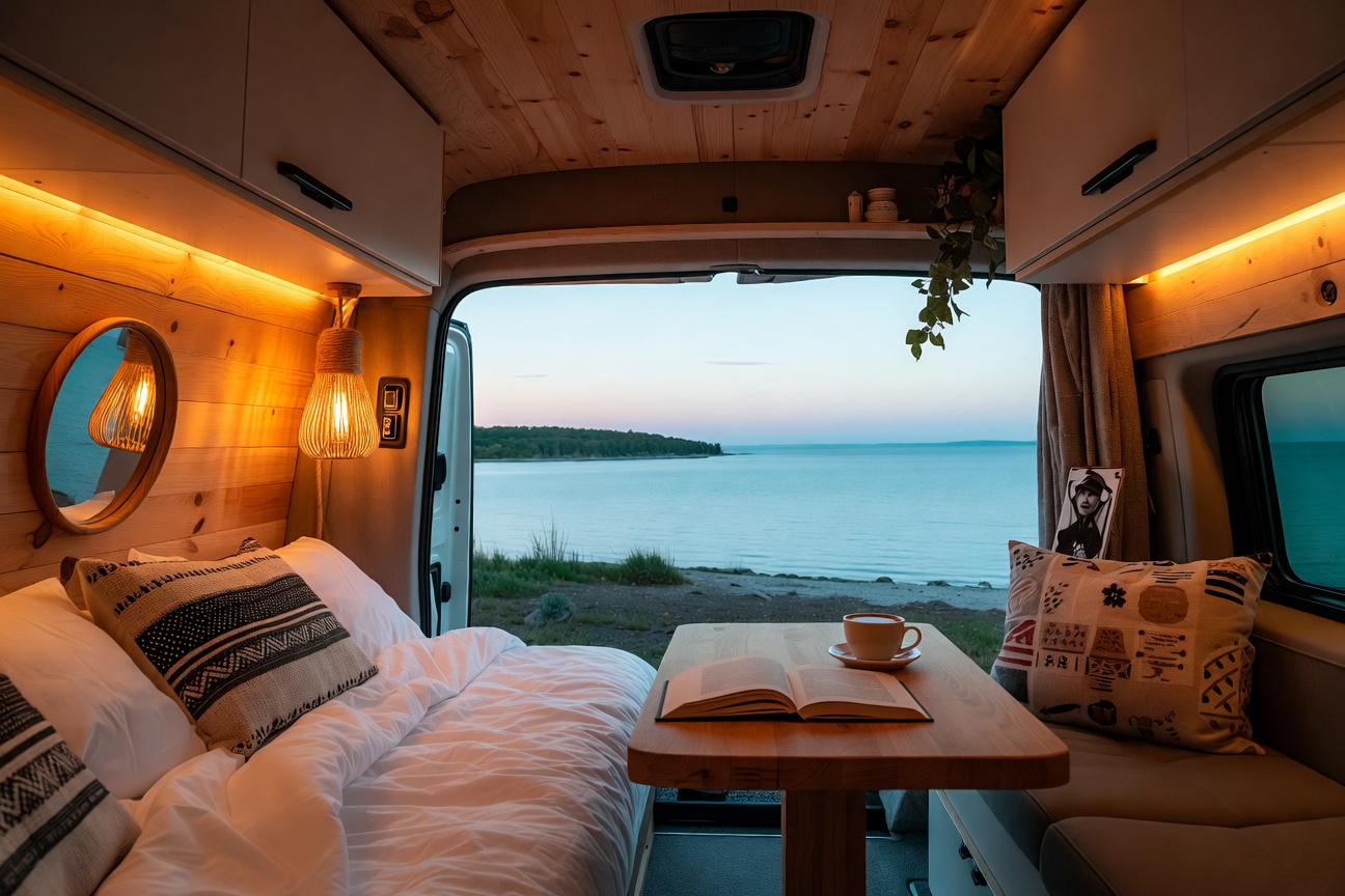 Unutrašnjost kampera i pogled na prirodu